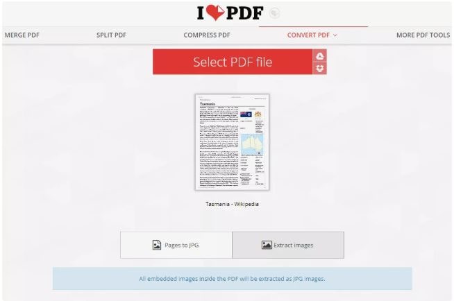 Captura de pantalla del sitio web iLovePDF convirtiendo un PDF a JPG
